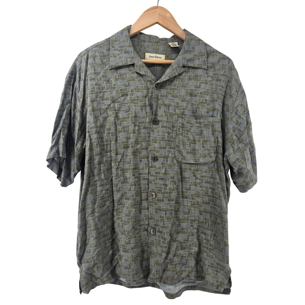 Linea Dome Mens Button Up Shirt S Geometric Short Sleeve Rayon Green Gray